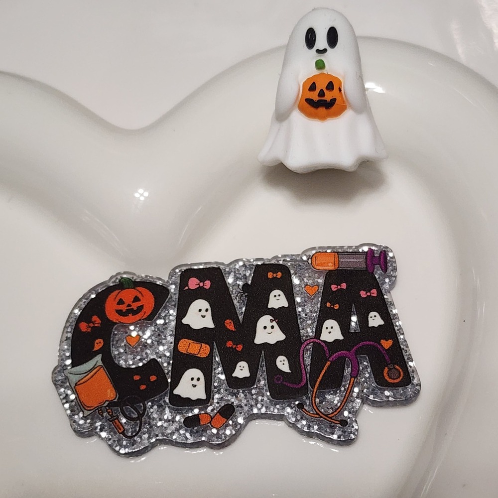 CMA Nurse Ghost Flatback Focal Bead Beaded Pen Badge Keychain Halloween Badge